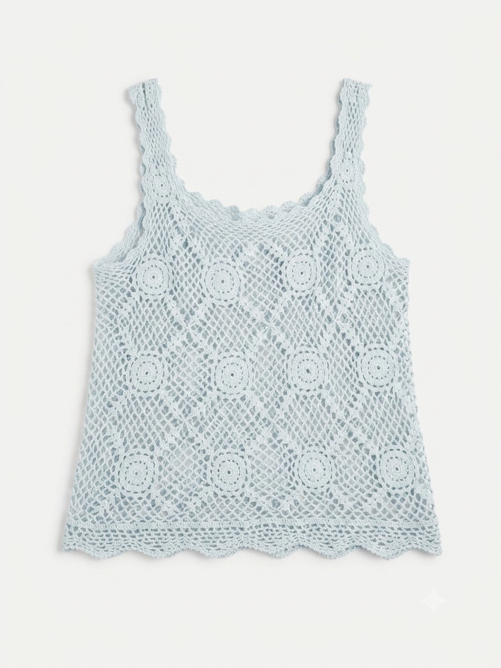 Vintage CSL Crochet Knit Tank Top M Ramie Cotton Cottagecore Boho Cream Blue